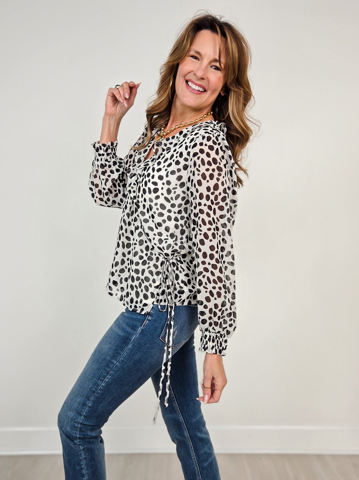 Long Bubble Sleeve Cross Over Tie Top