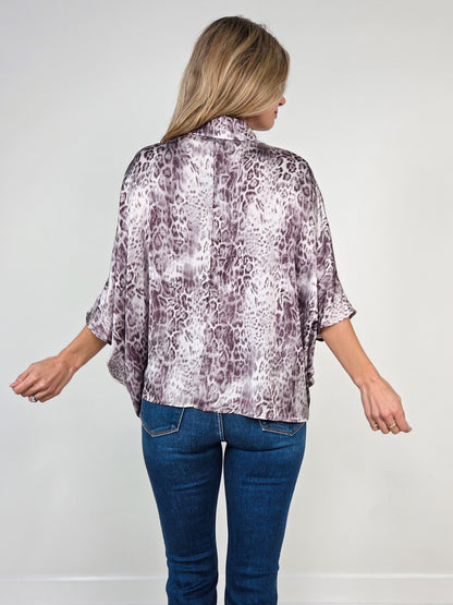Animal Print Notched Neck Surplice Dolman Top