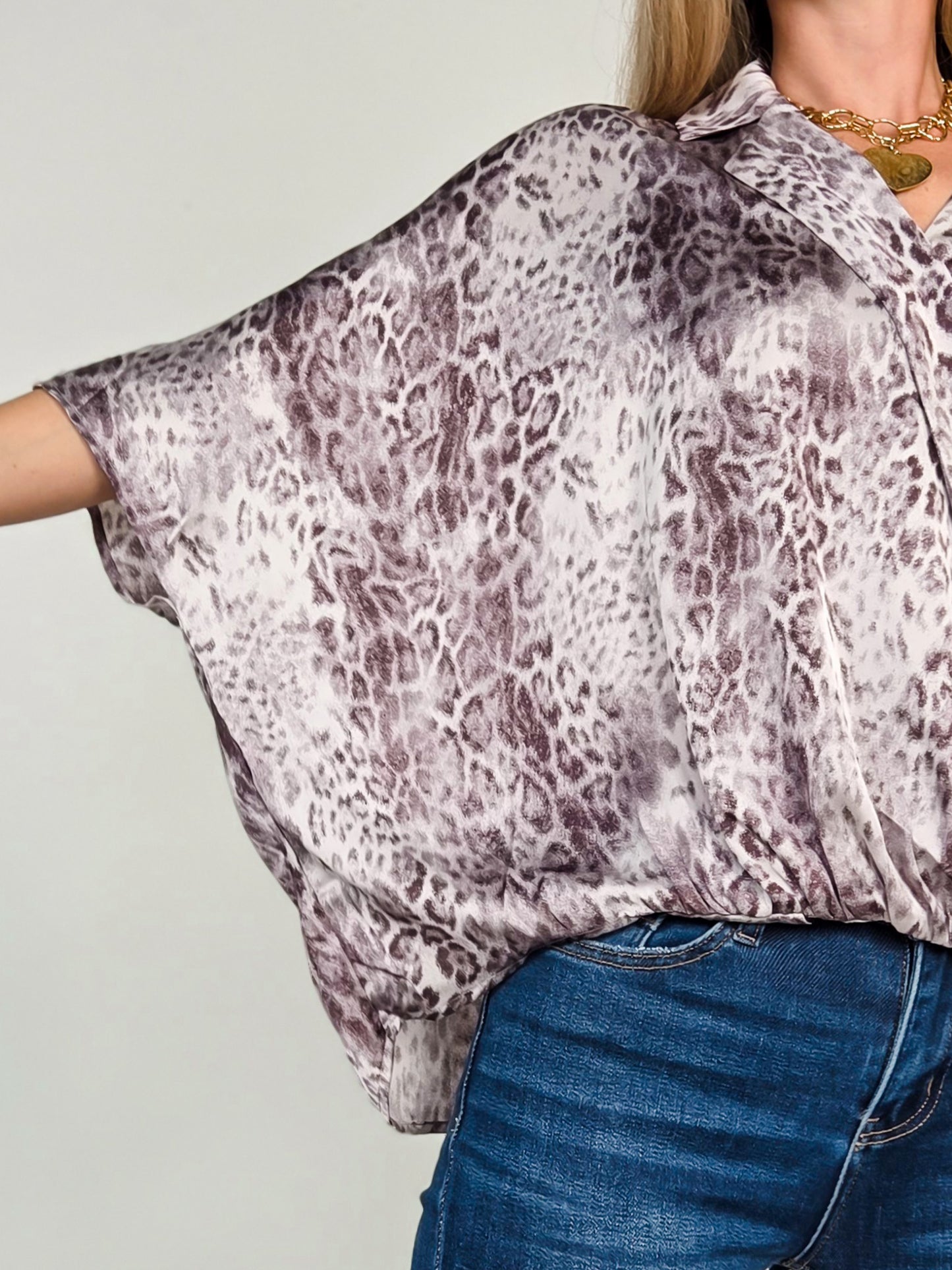 Animal Print Notched Neck Surplice Dolman Top