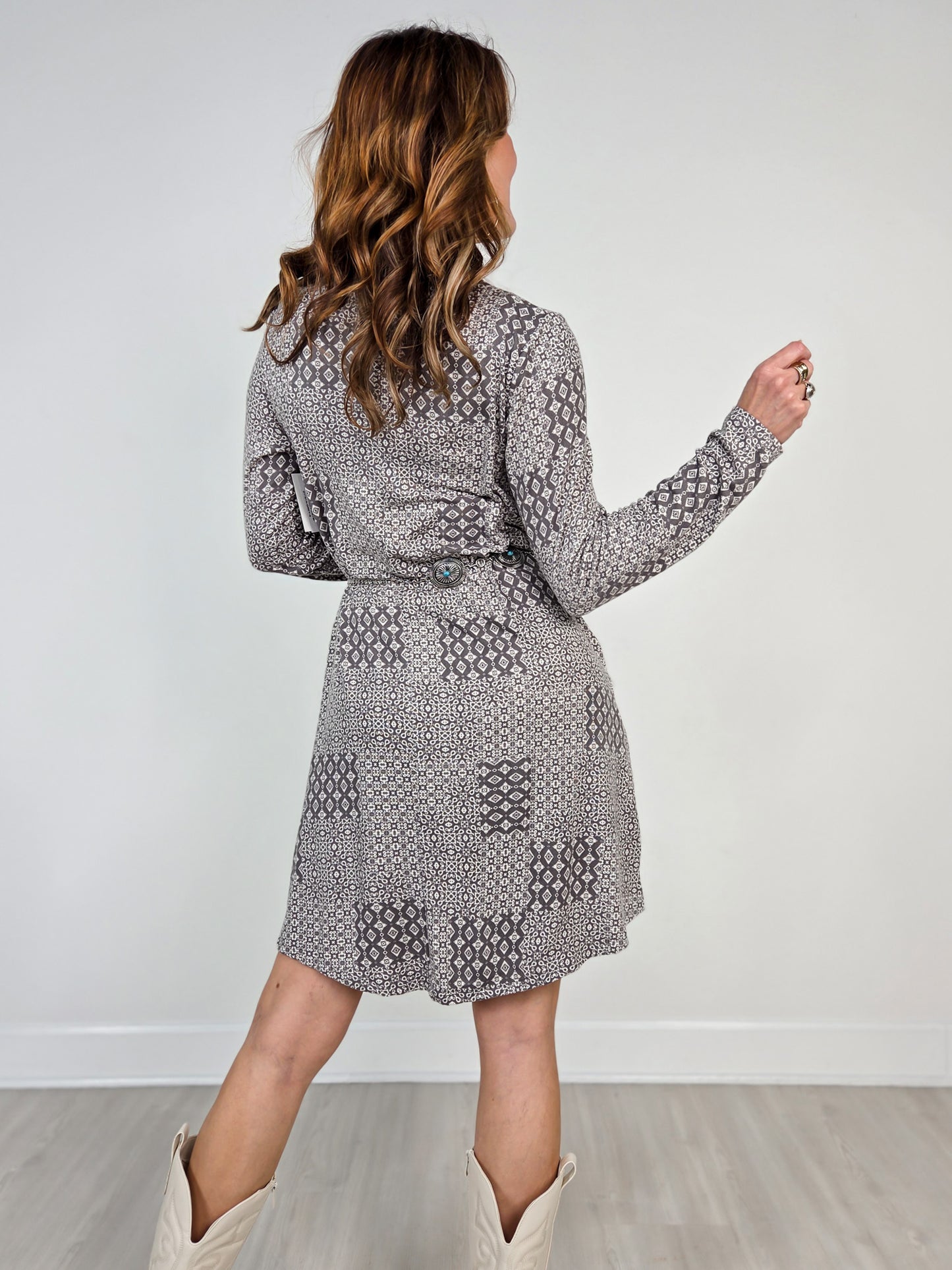 Damask Print Mock Neck Shift Dress