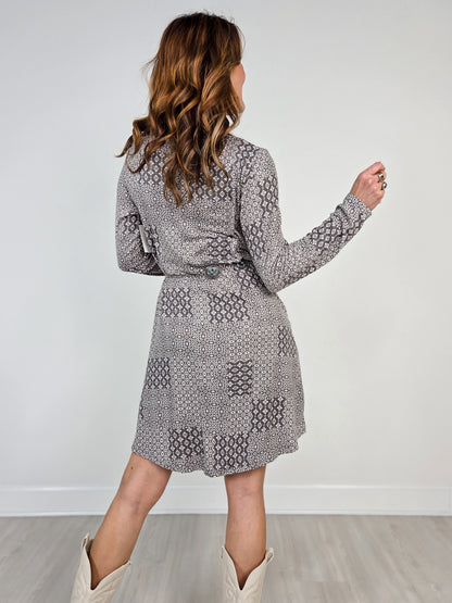 Damask Print Mock Neck Shift Dress
