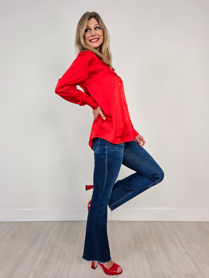 Long Sleeve Satin Button Down Collared Top