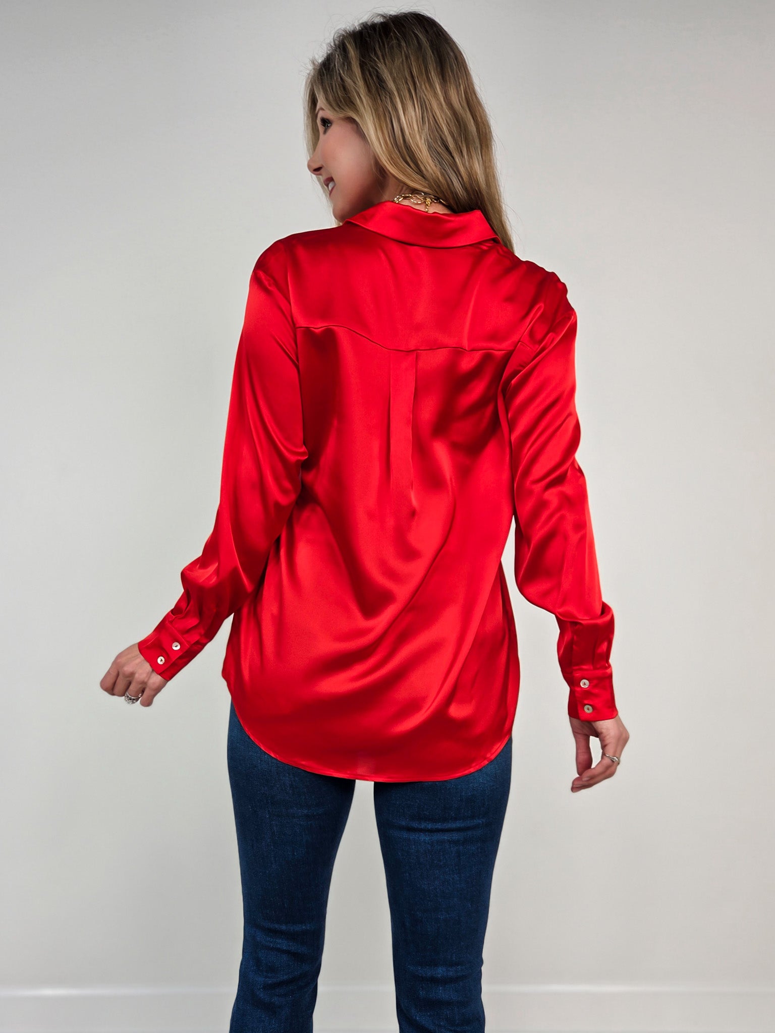 Long Sleeve Satin Button Down Collared Top