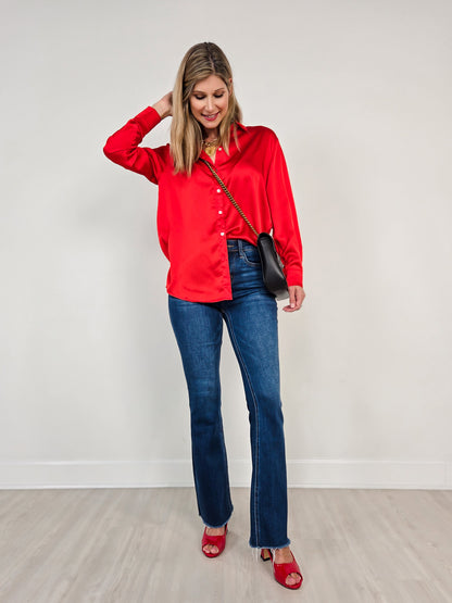 Long Sleeve Satin Button Down Collared Top