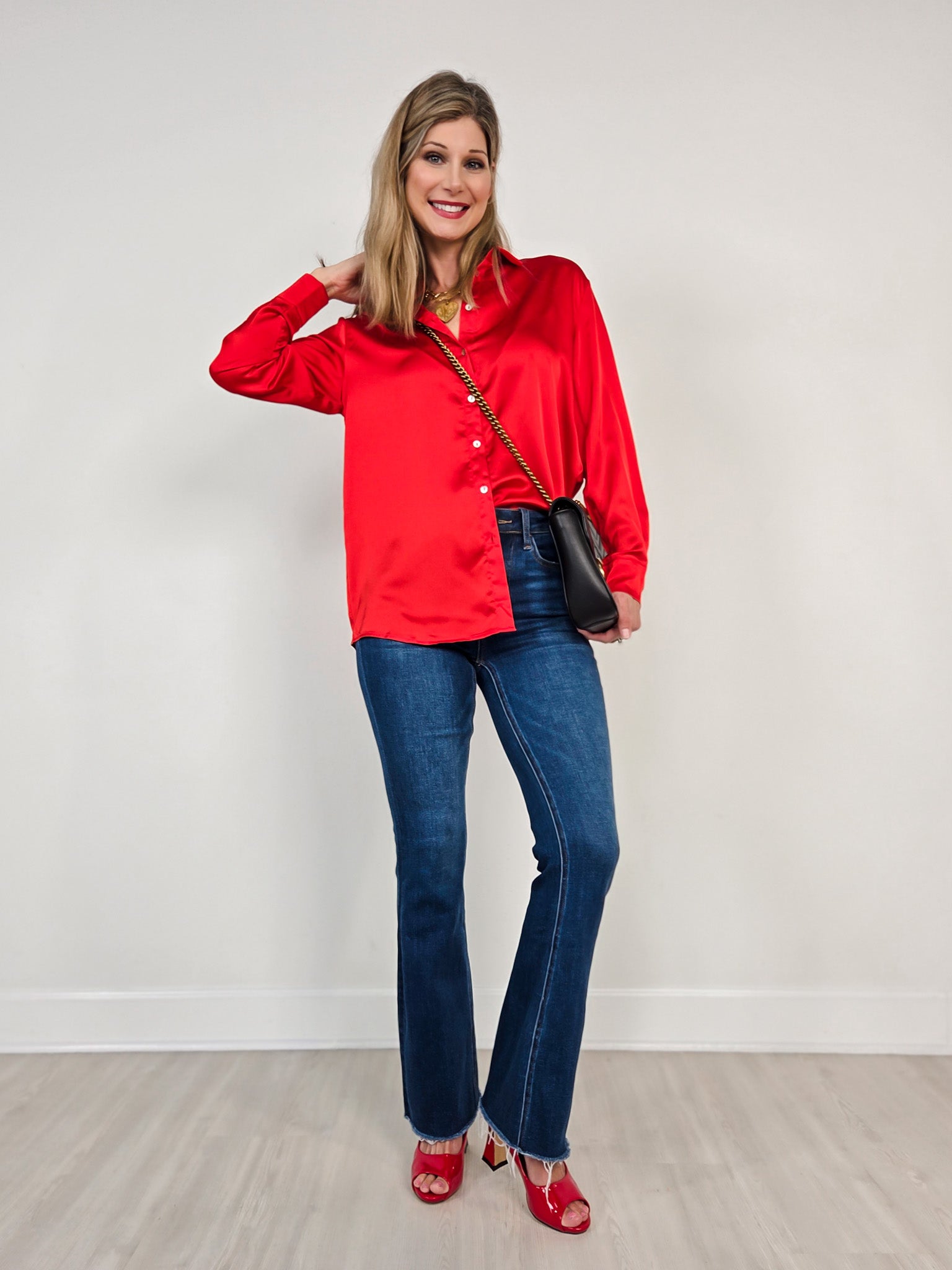 Long Sleeve Satin Button Down Collared Top