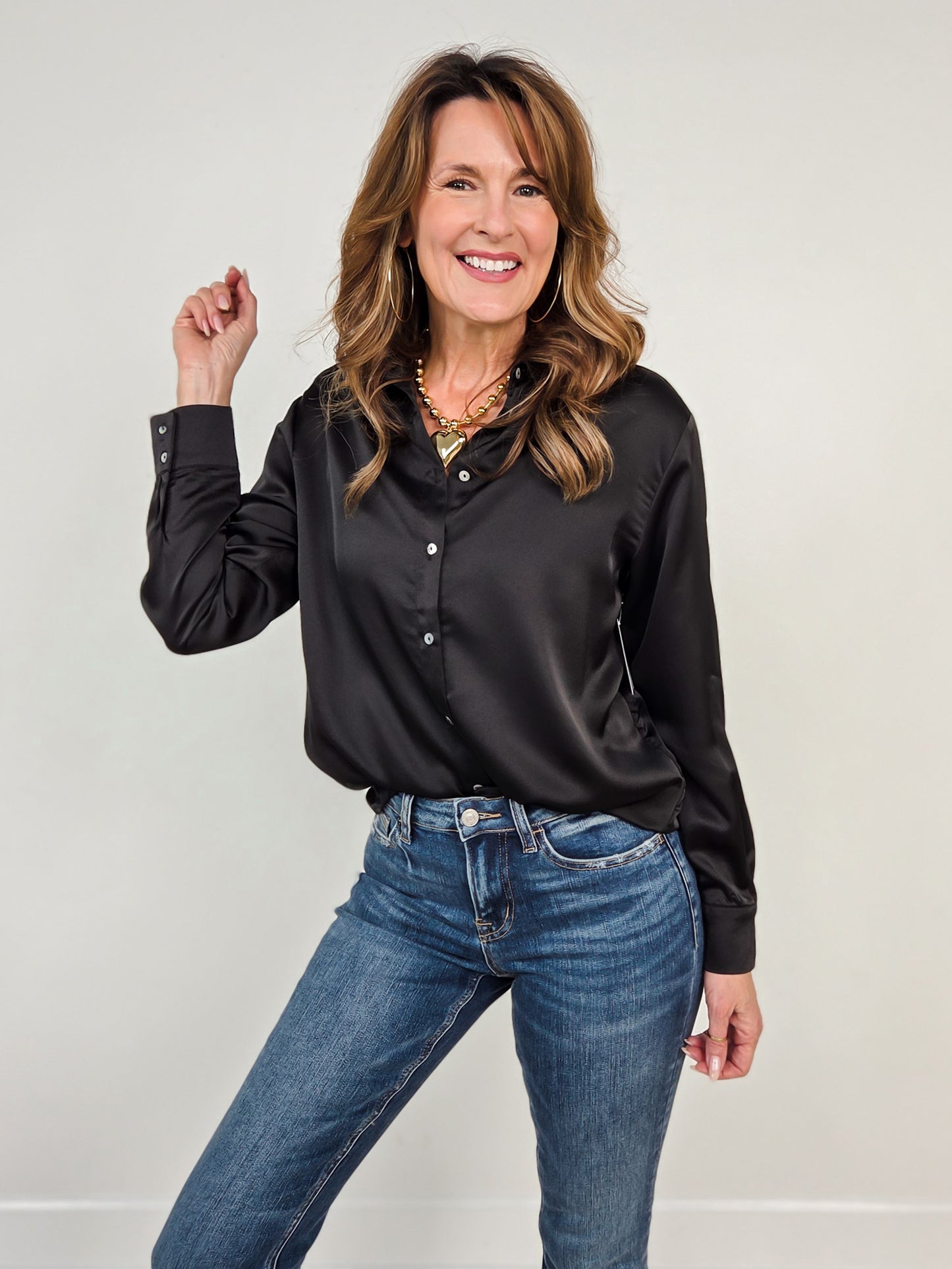 Long Sleeve Satin Button Down Collared Top
