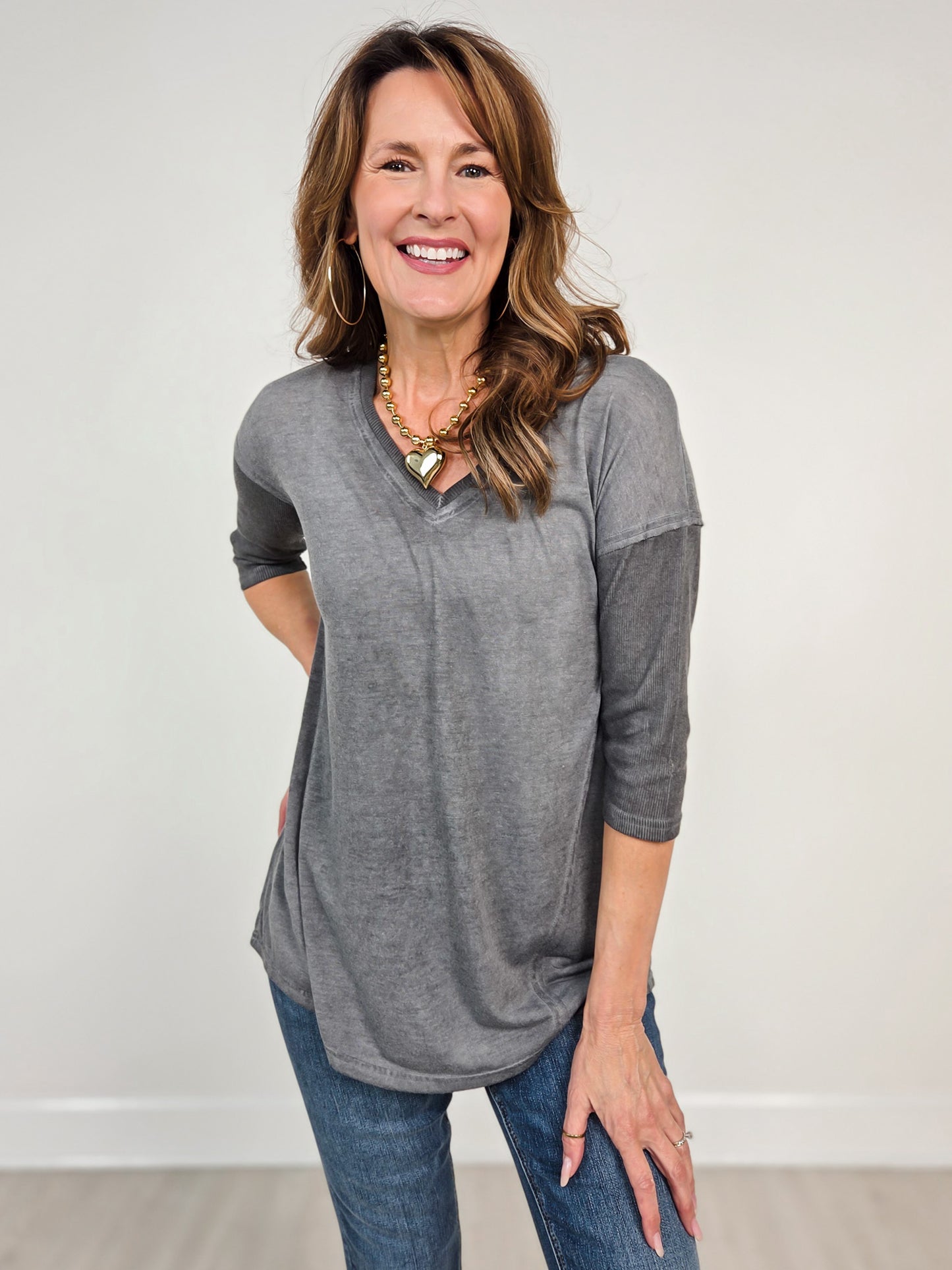 Vintage Wash Relaxed Fit 3/4 Length V-Neck Top