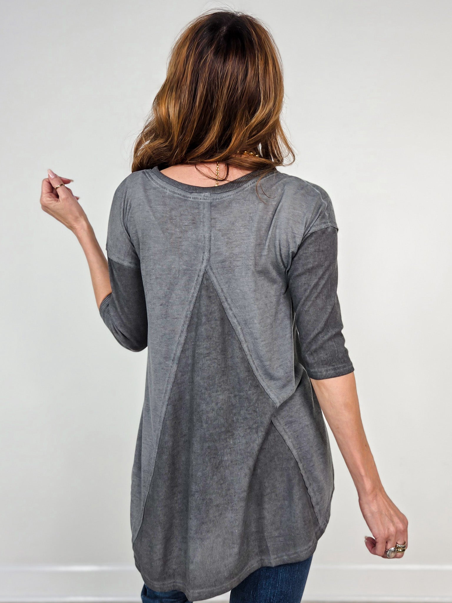 Vintage Wash Relaxed Fit 3/4 Length V-Neck Top