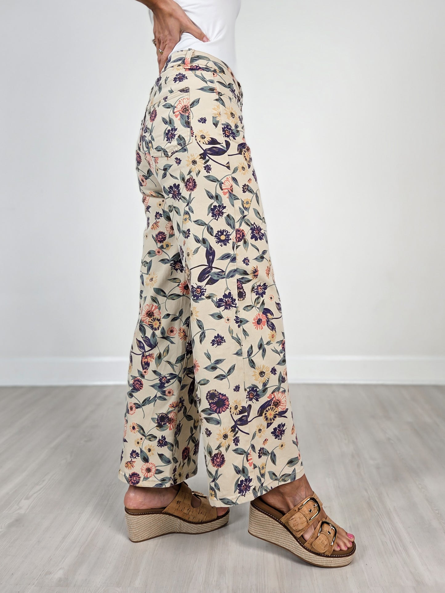 Easel Light Khaki Floral Denim Wide Leg Twill Pants