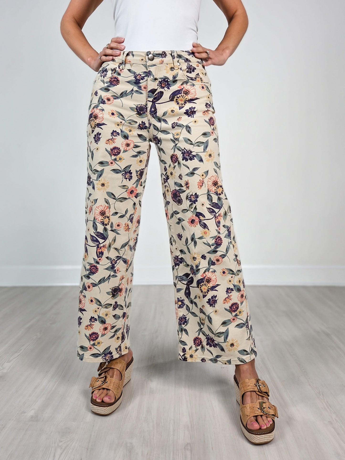 Easel Light Khaki Floral Denim Wide Leg Twill Pants