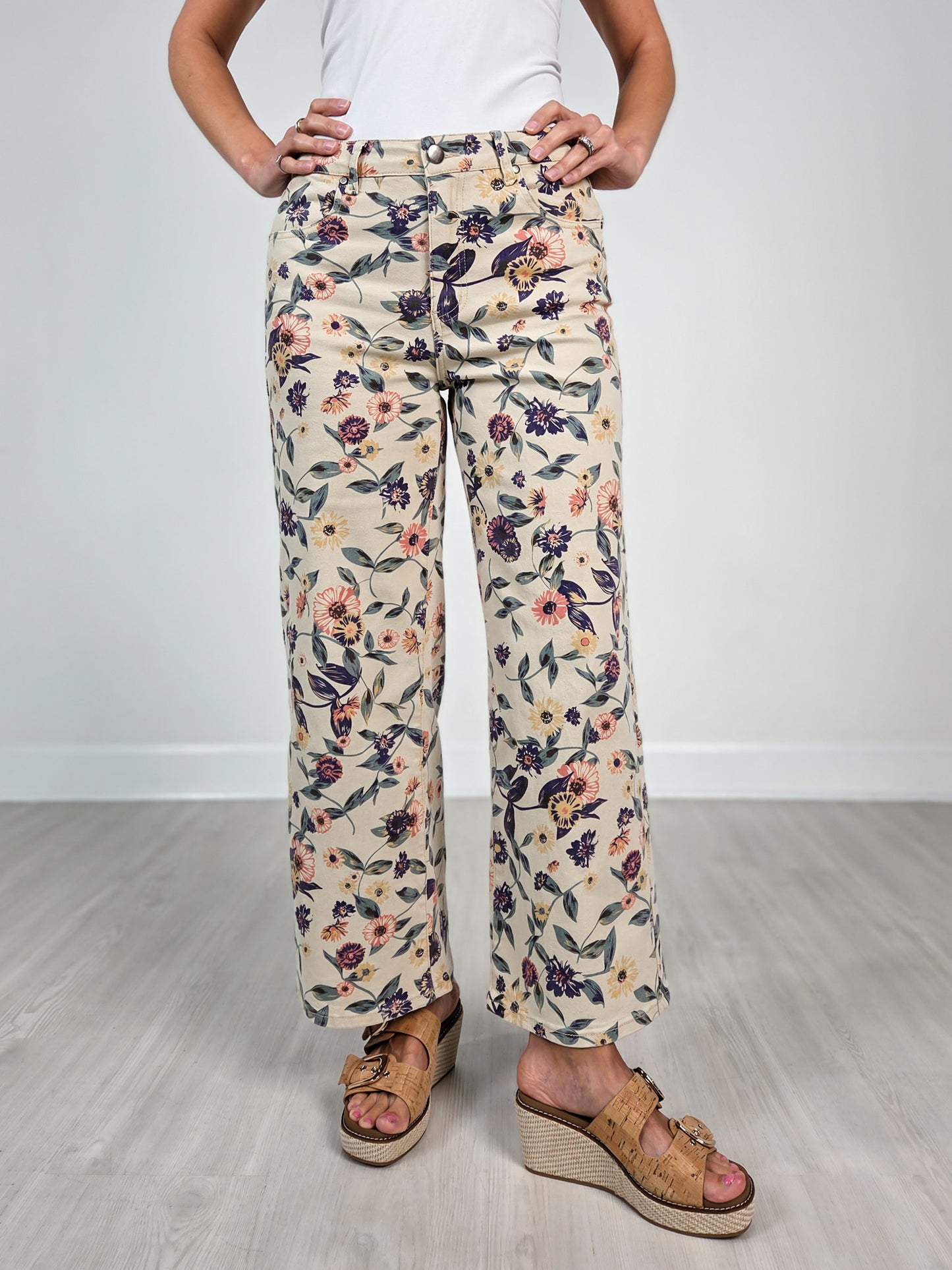 Easel Light Khaki Floral Denim Wide Leg Twill Pants
