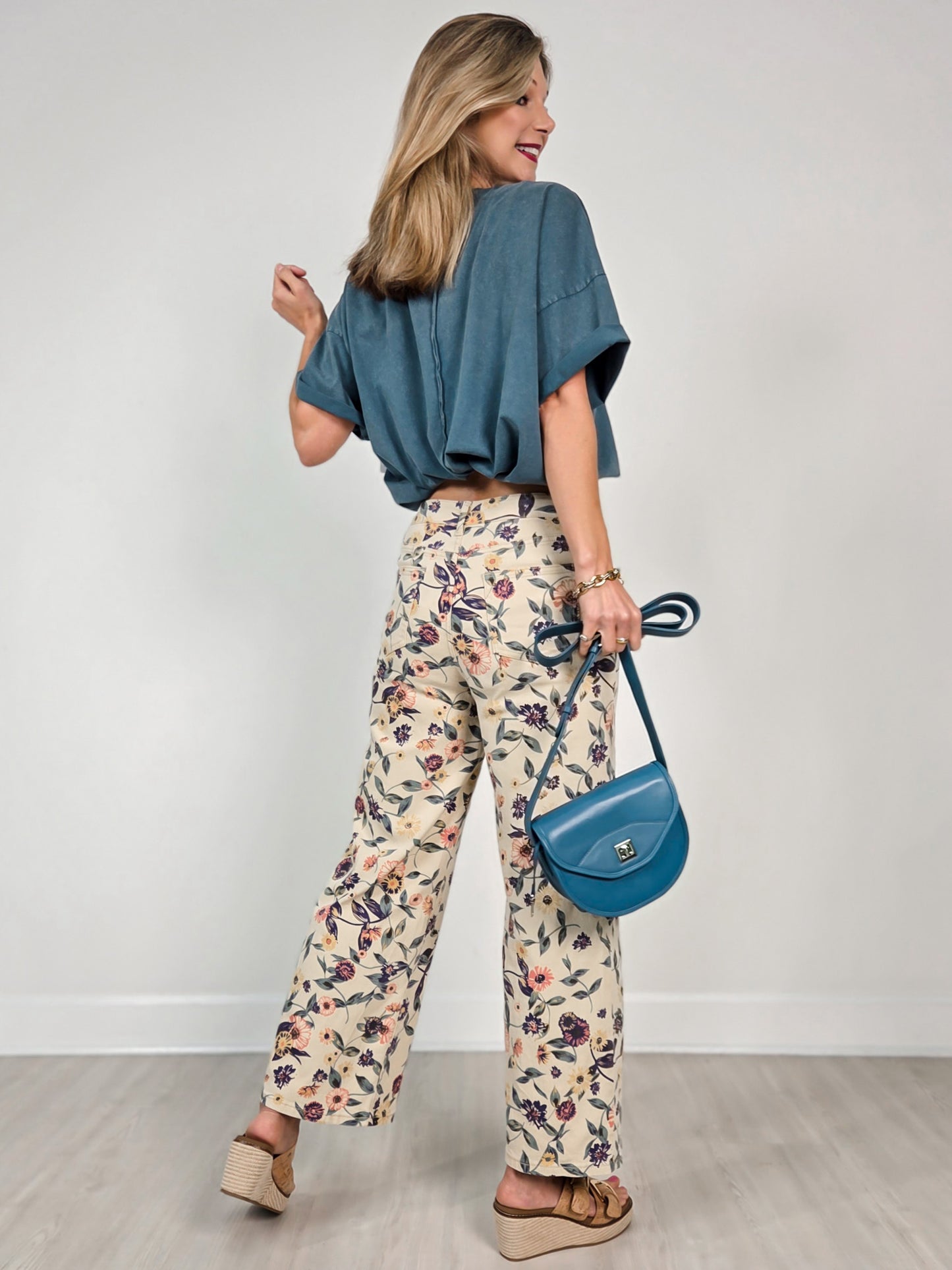 Easel Light Khaki Floral Denim Wide Leg Twill Pants