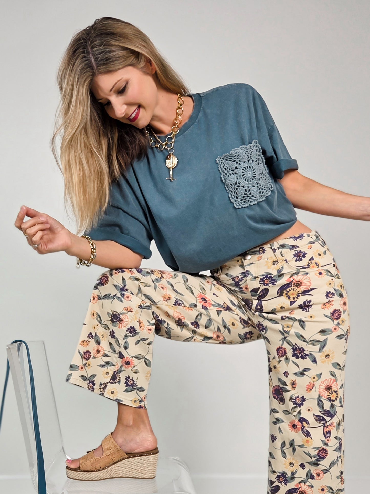 Short Sleeve Crochet Pocket Mineral Wash Top