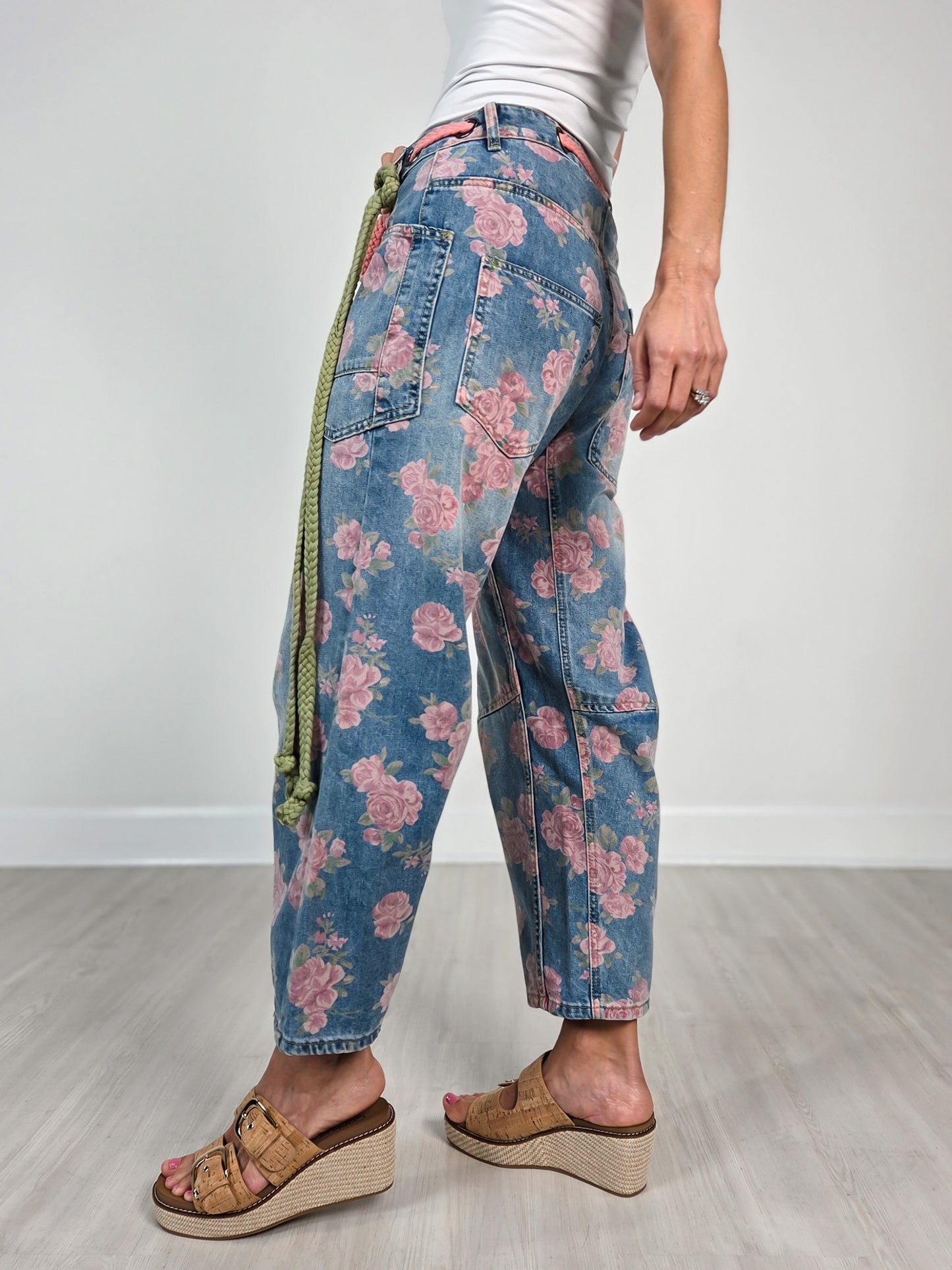 Washed Floral Print Barrel Jeans