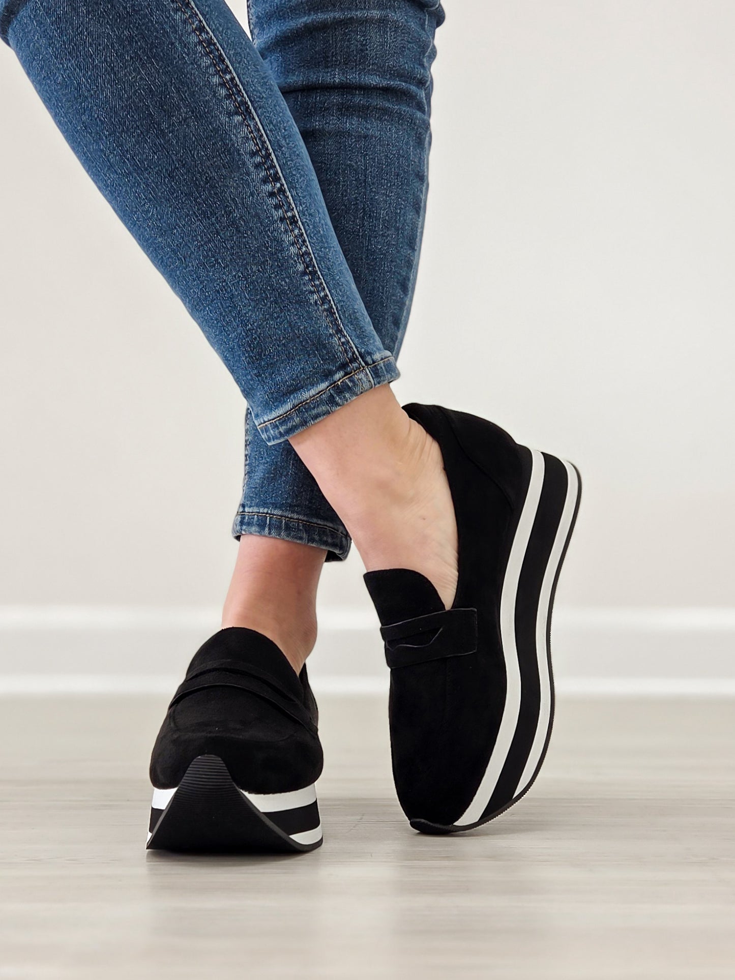 Corkys Sheesh Platform Loafers in Black Faux Suede