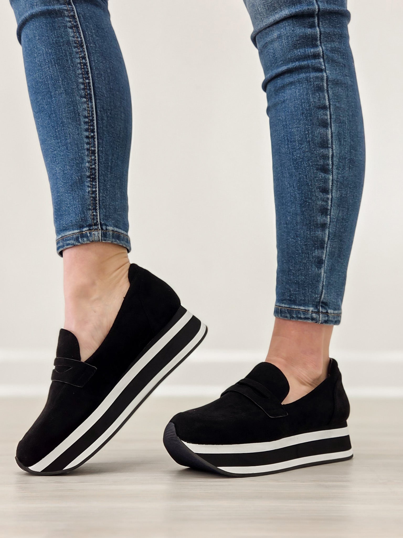 Corkys Sheesh Platform Loafers in Black Faux Suede
