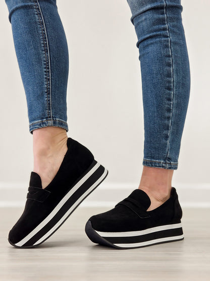 Corkys Sheesh Platform Loafers in Black Faux Suede