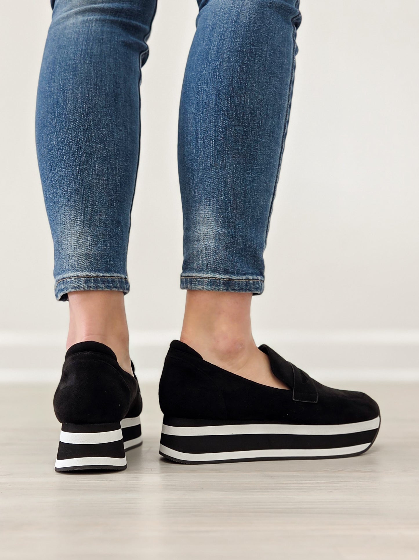 Corkys Sheesh Platform Loafers in Black Faux Suede