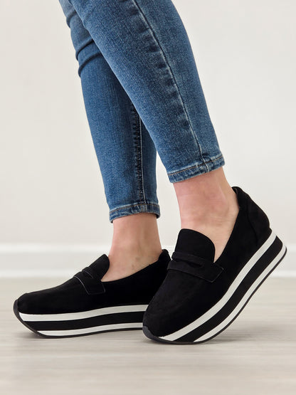 Corkys Sheesh Platform Loafers in Black Faux Suede