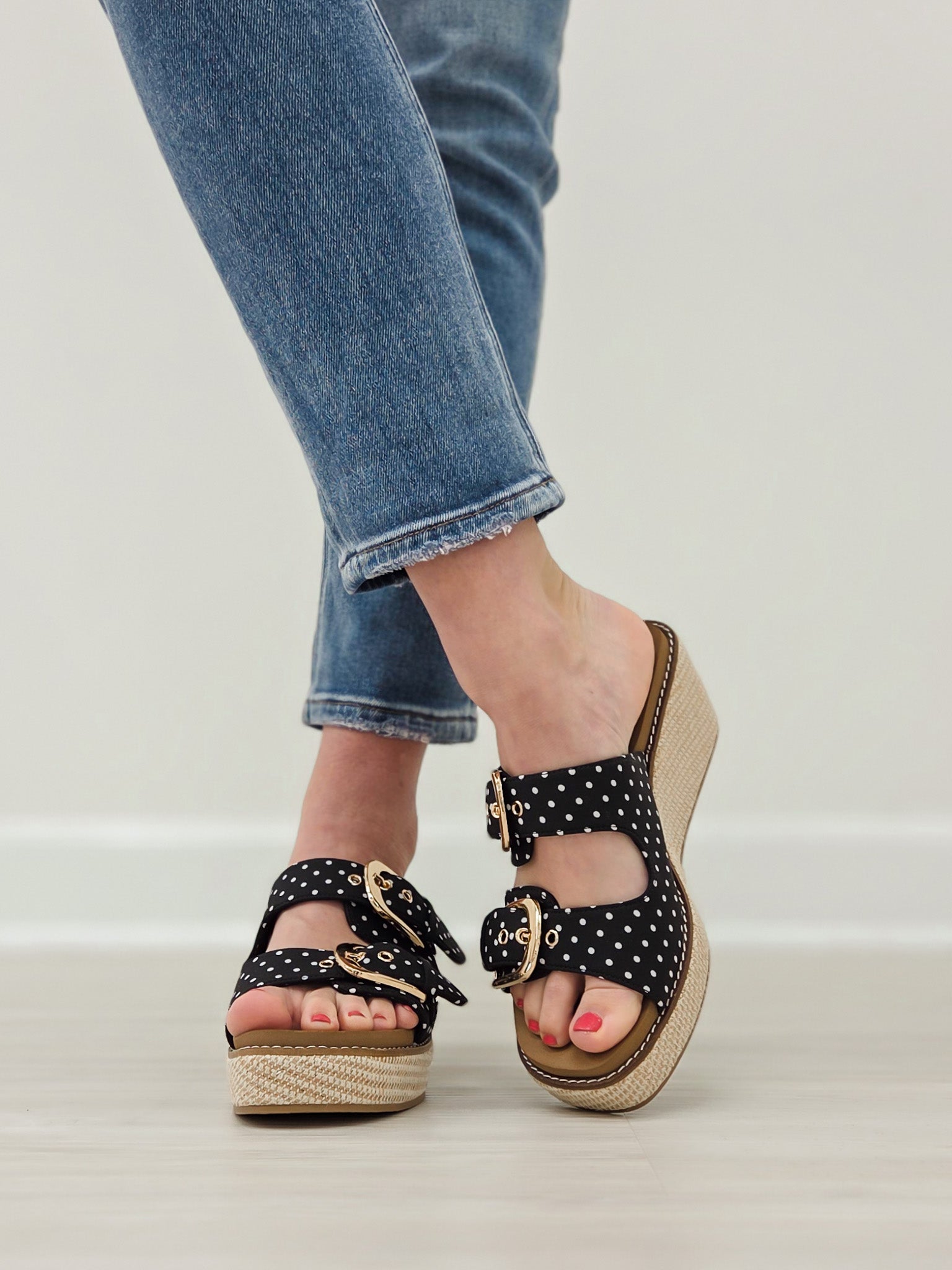 Corkys Manifest Wedges in Black White Polka Dots