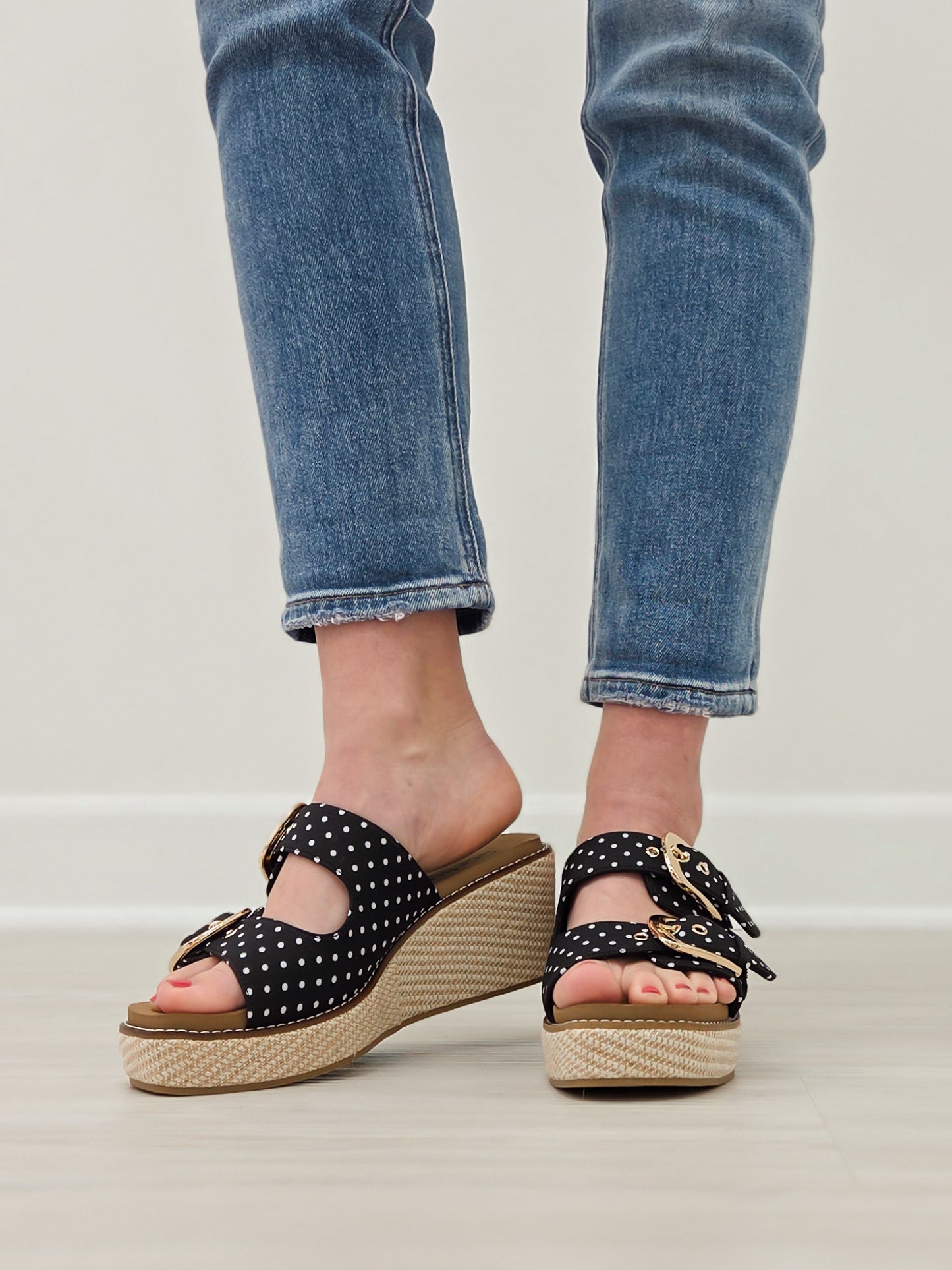Corkys Manifest Wedges in Black White Polka Dots
