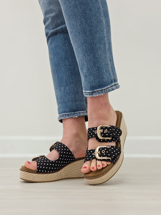 Corkys Manifest Wedges in Black White Polka Dots