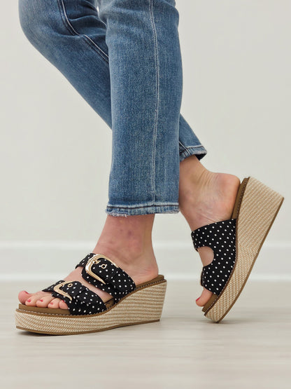 Corkys Manifest Wedges in Black White Polka Dots