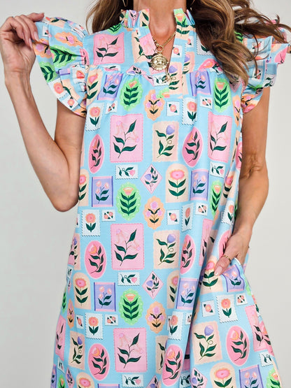 Ruffle Detail Floral Shift Dress with Notched V-Neck