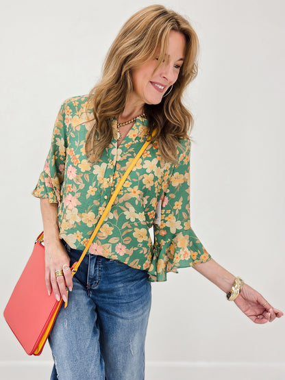 Floral Ruffle Bell Sleeve Top