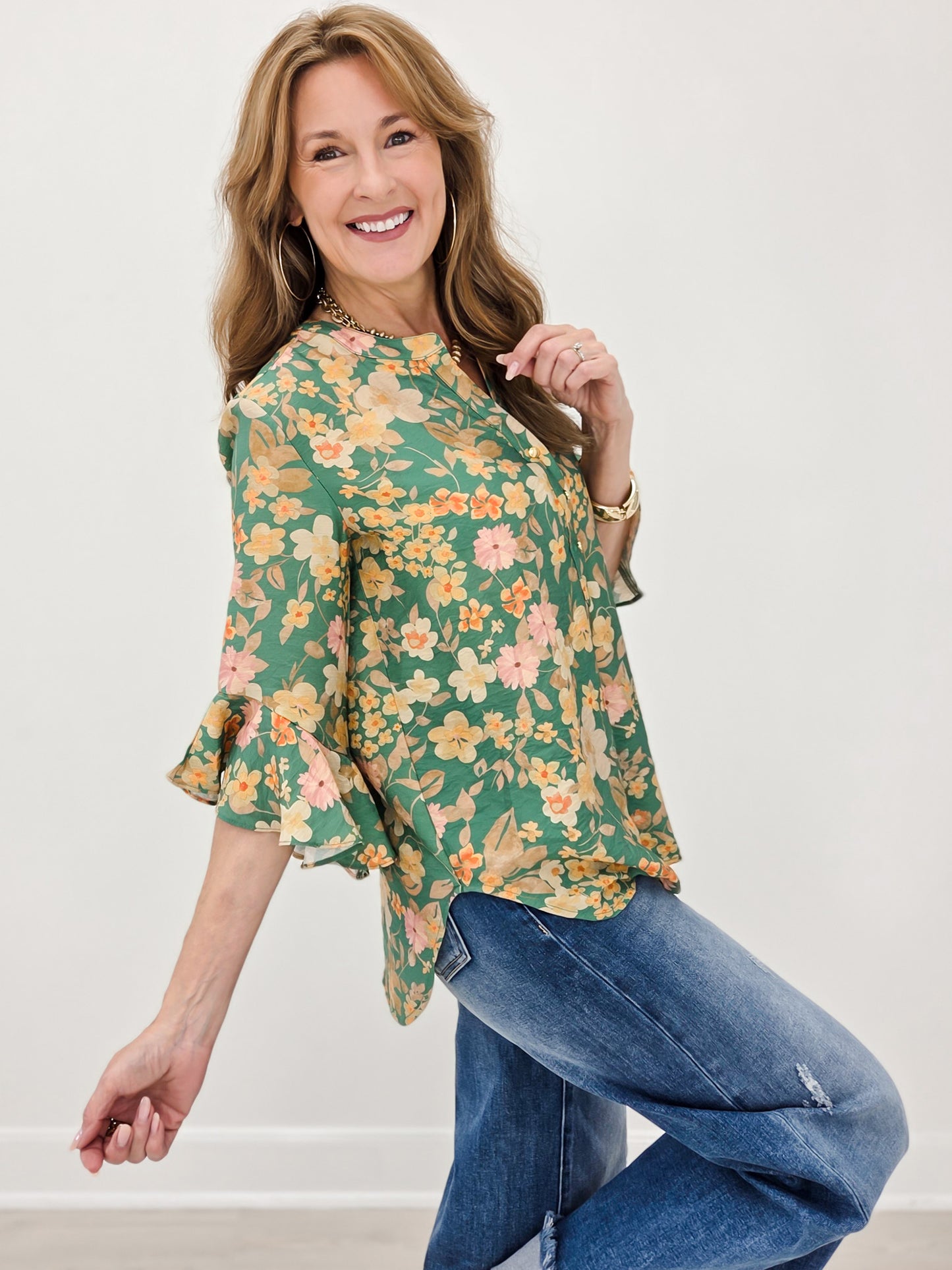 Floral Ruffle Bell Sleeve Top