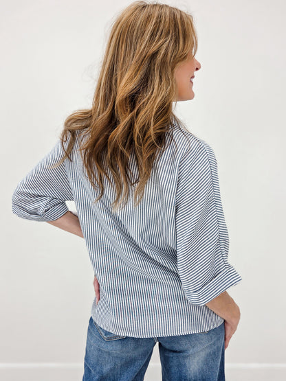 Relaxed Fit Collared V Notch Neck Striped Top