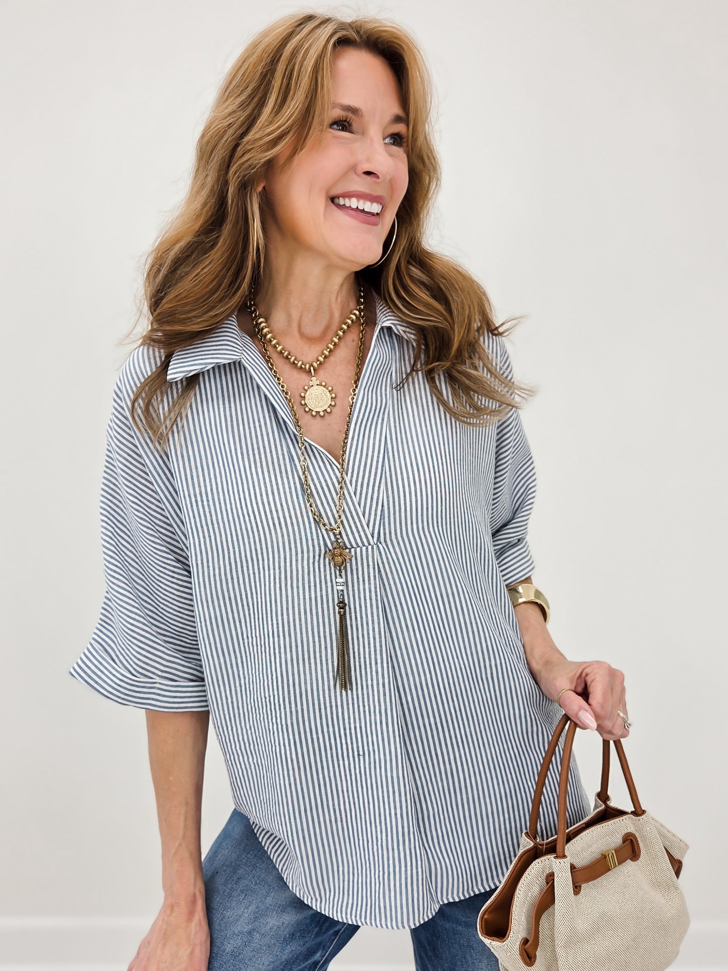 Relaxed Fit Collared V Notch Neck Striped Top