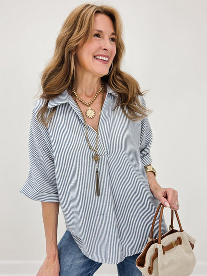 Relaxed Fit Collared V Notch Neck Striped Top