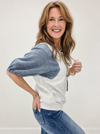 Relaxed Fit Denim Puff Sleeve Knit Top