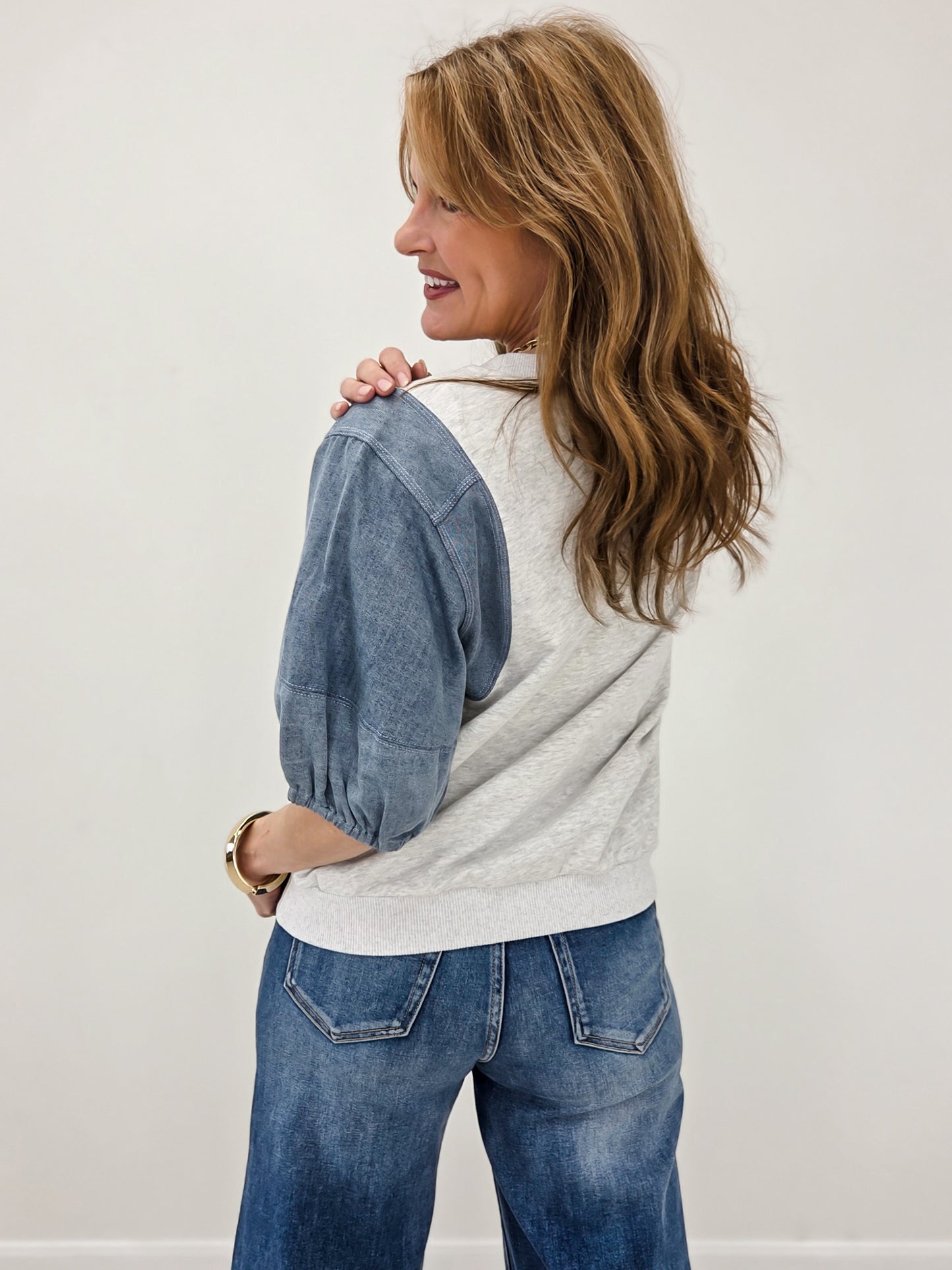 Relaxed Fit Denim Puff Sleeve Knit Top