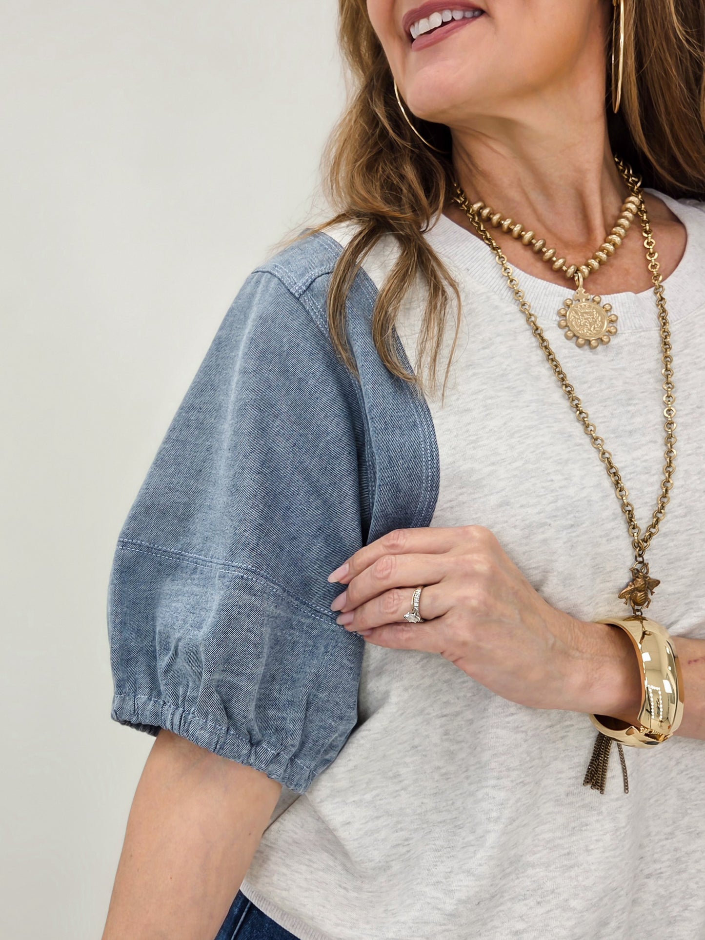 Relaxed Fit Denim Puff Sleeve Knit Top