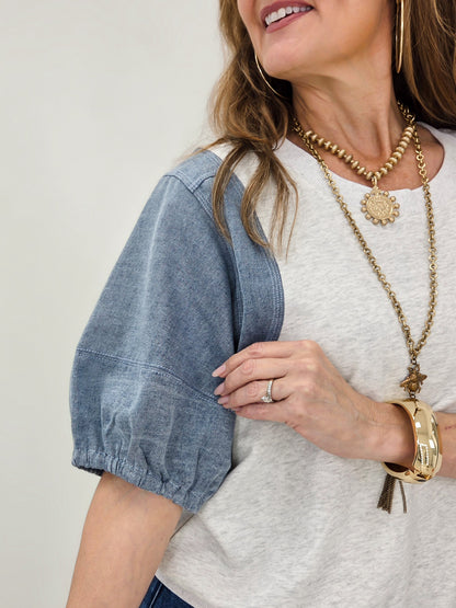 Relaxed Fit Denim Puff Sleeve Knit Top
