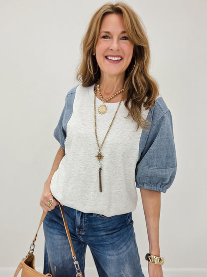Relaxed Fit Denim Puff Sleeve Knit Top