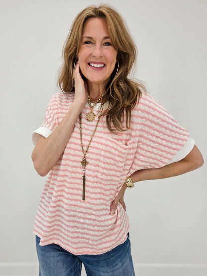 Relaxed Fit Cuffed Sleeves Striped Knit Top