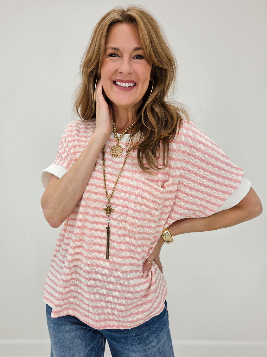 LIVE BOX: Relaxed Fit Cuffed Sleeves Striped Knit Top