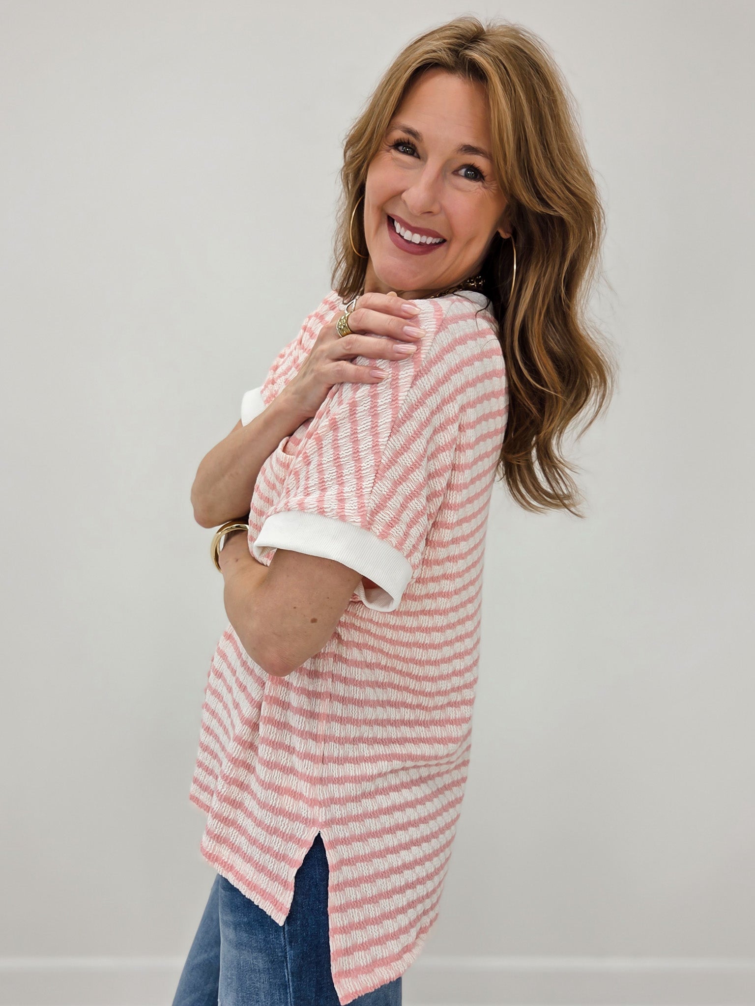 Relaxed Fit Cuffed Sleeves Striped Knit Top