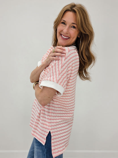 Relaxed Fit Cuffed Sleeves Striped Knit Top