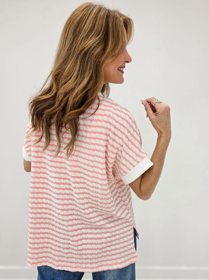 Relaxed Fit Cuffed Sleeves Striped Knit Top