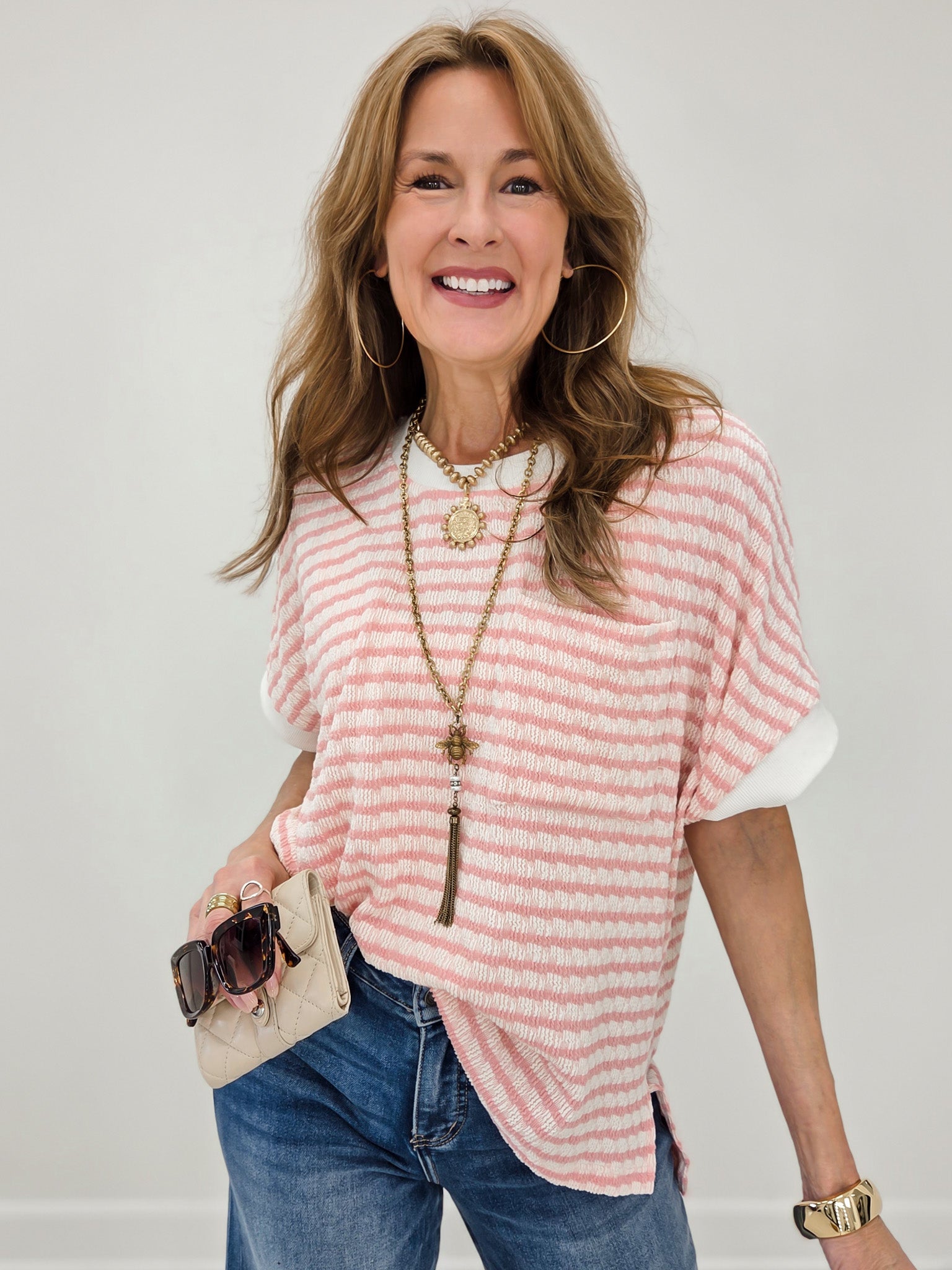 Relaxed Fit Cuffed Sleeves Striped Knit Top