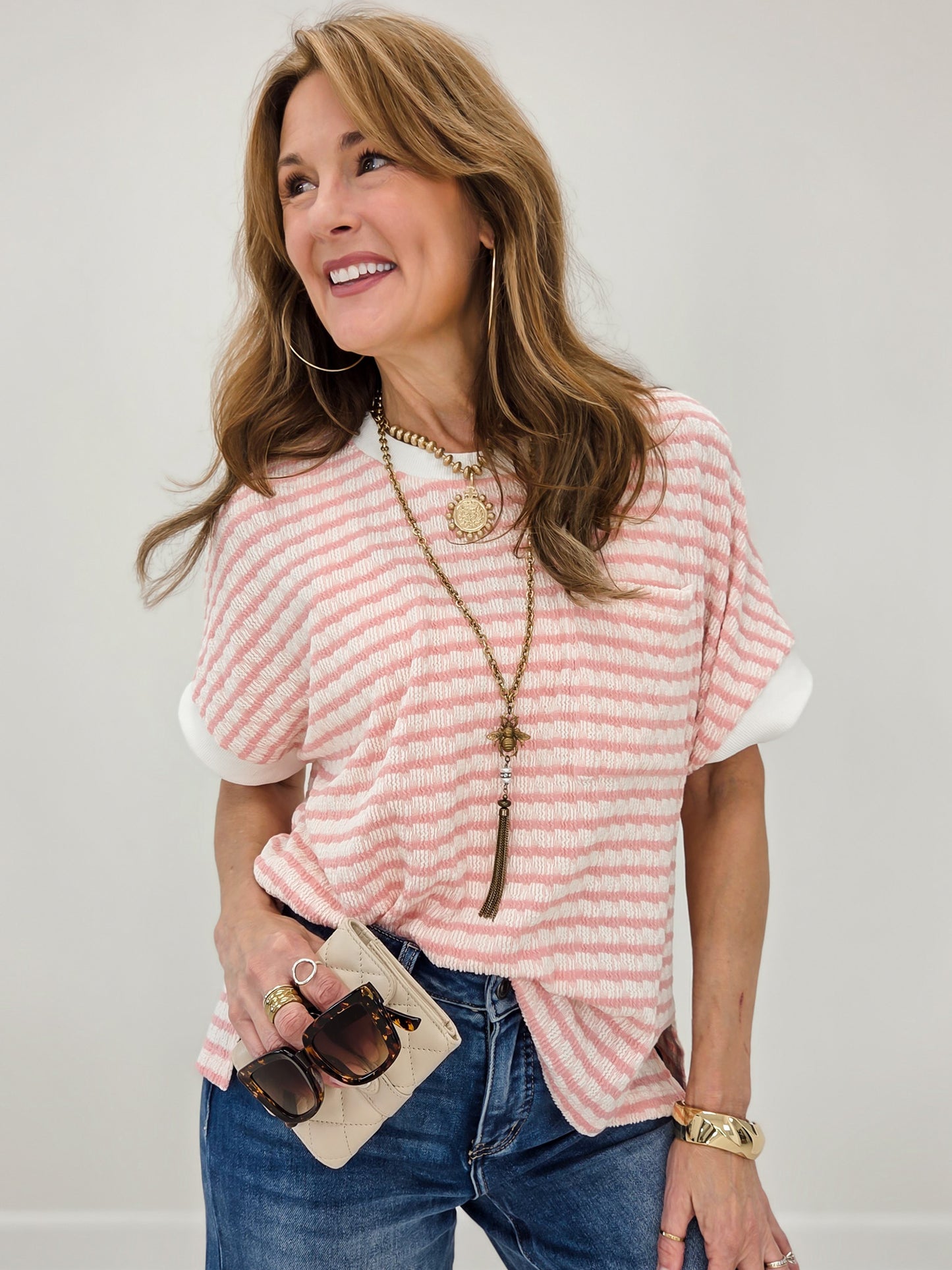 Relaxed Fit Cuffed Sleeves Striped Knit Top