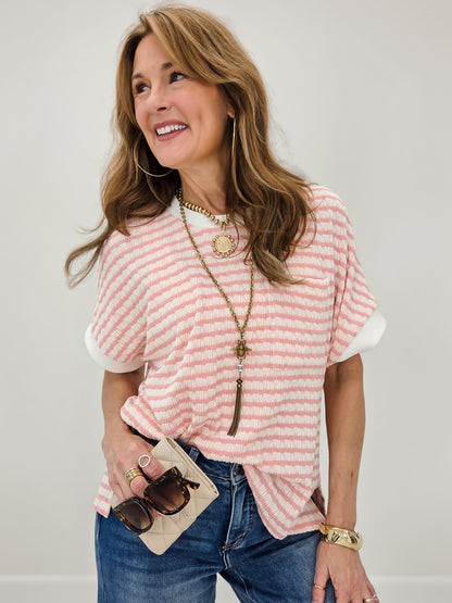 Relaxed Fit Cuffed Sleeves Striped Knit Top