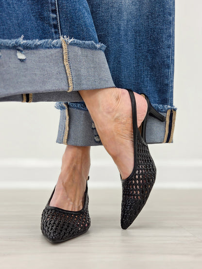 Woven Slingback Pointed Toe Kitten Heels in Black