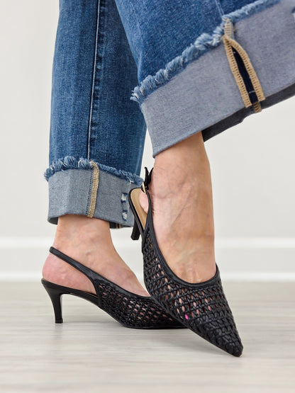Woven Slingback Pointed Toe Kitten Heels in Black