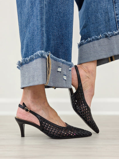 Woven Slingback Pointed Toe Kitten Heels in Black