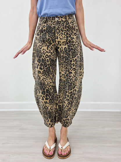 Leopard Print Mid-Rise Barrel Twill Pants